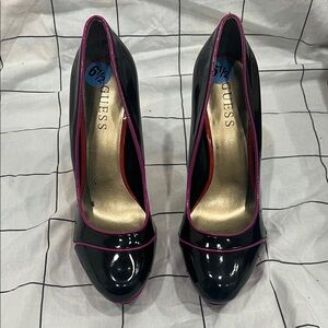 GUESS Glossy Black Heels with Pink Trim